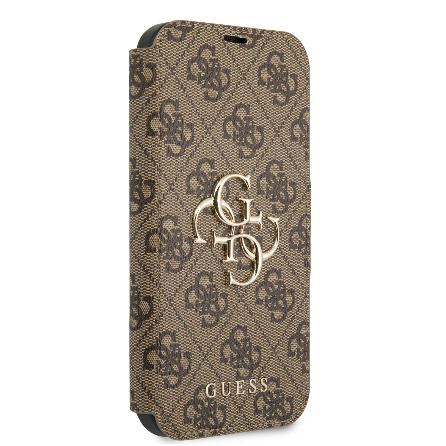Genuine Guess 4G Metal Logo Hard Bookcase Cover For iPhone 13 - Brown