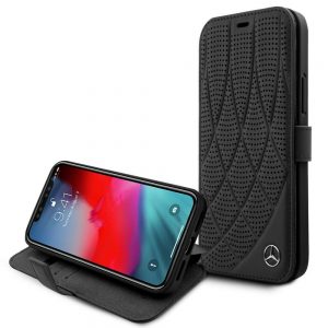 Genuine Mercedes Bow Lined Leather Bookcase Cover for iPhone 12 Pro Max - Black