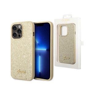 Genuine Guess Gold Glitter Flakes Impact Protection iPhone 14 Pro Case Cover