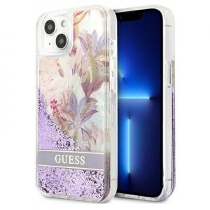 Genuine Guess Liquid Glitter Flower Hard Case Cover For iPhone 13 Purple