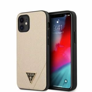 Genuine Guess Saffiano V Stitch Cover for iPhone 12 Mini - Gold