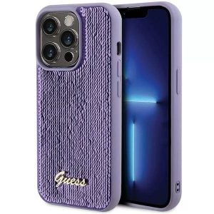 Genuine Guess Sequin Script Logo Impact Case Cover For iPhone 15 Pro Max Purple