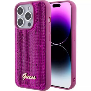 Genuine Guess Sequin Script Logo Impact Case Cover For iPhone 15 Pro - Magenta
