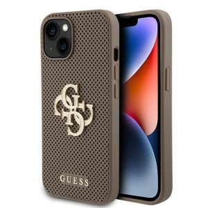 Genuine Guess Perforated 4G Glitter Metal Logo Impact Case For iPhone 15 - Taupe