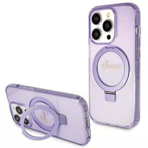Genuine Guess Lilac Ring Stand Script Glitter Magsafe Case For iPhone 15 Pro