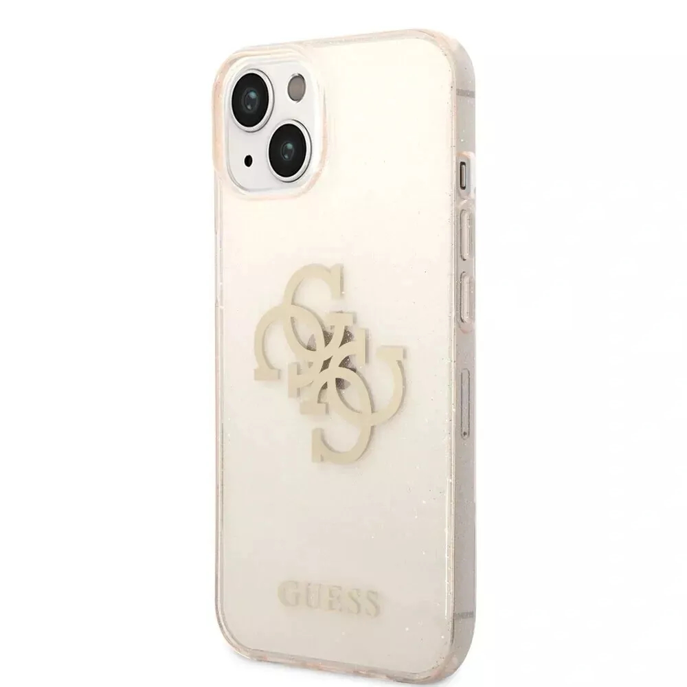 Genuine Guess 4G Big Logo Gold Glitter Case Apple iPhone 14 Plus Clear Rose Gold