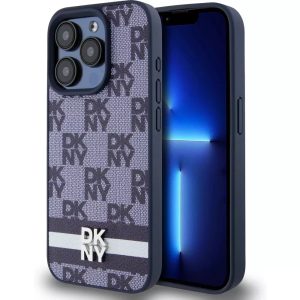 Genuine DKNY Leather Checkered Pattern Stripe Impact Case for iPhone 15 Pro Blue