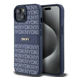 Genuine DKNY Leather Checkered Pattern & Tonal Stripe Impact Case iPhone 15 Blue