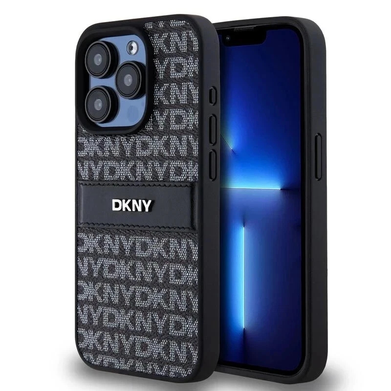 Genuine DKNY Leather Checkered Pattern Tonal Stripe Impact Case iPhone 15 Pro