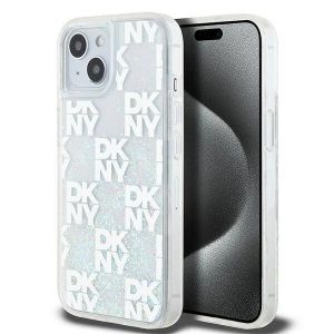 Genuine DKNY Liquid Glitter Checkered Pattern Logo Impact Case for iPhone 15