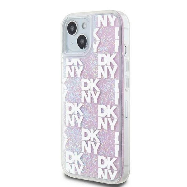 Genuine DKNY Pink Liquid Glitter Checkered Pattern Logo Case Cover for iPhone 15 - Image 2