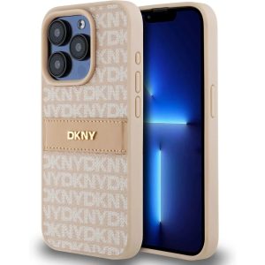 Genuine DKNY Leather Checked Pattern Tonal Stripe Impact Case iPhone 15 Pro Max