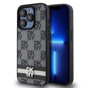 Genuine DKNY Leather Checkered Pattern Stripe Impact Case for iPhone 15 Pro Max