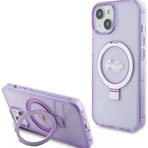 Genuine Guess Lilac Ring Stand Script Glitter Magsafe Case For iPhone 15 Plus