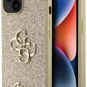 Genuine Guess 4G Logo Gold Glitter Flakes Impact Protection iPhone 15 Case Cover