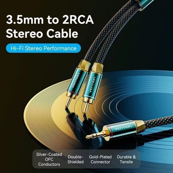 Premiu Cable AUX 3.5mm Jack to 2 RCA Audio Cable Twin Phono Speaker Stereo - Image 2