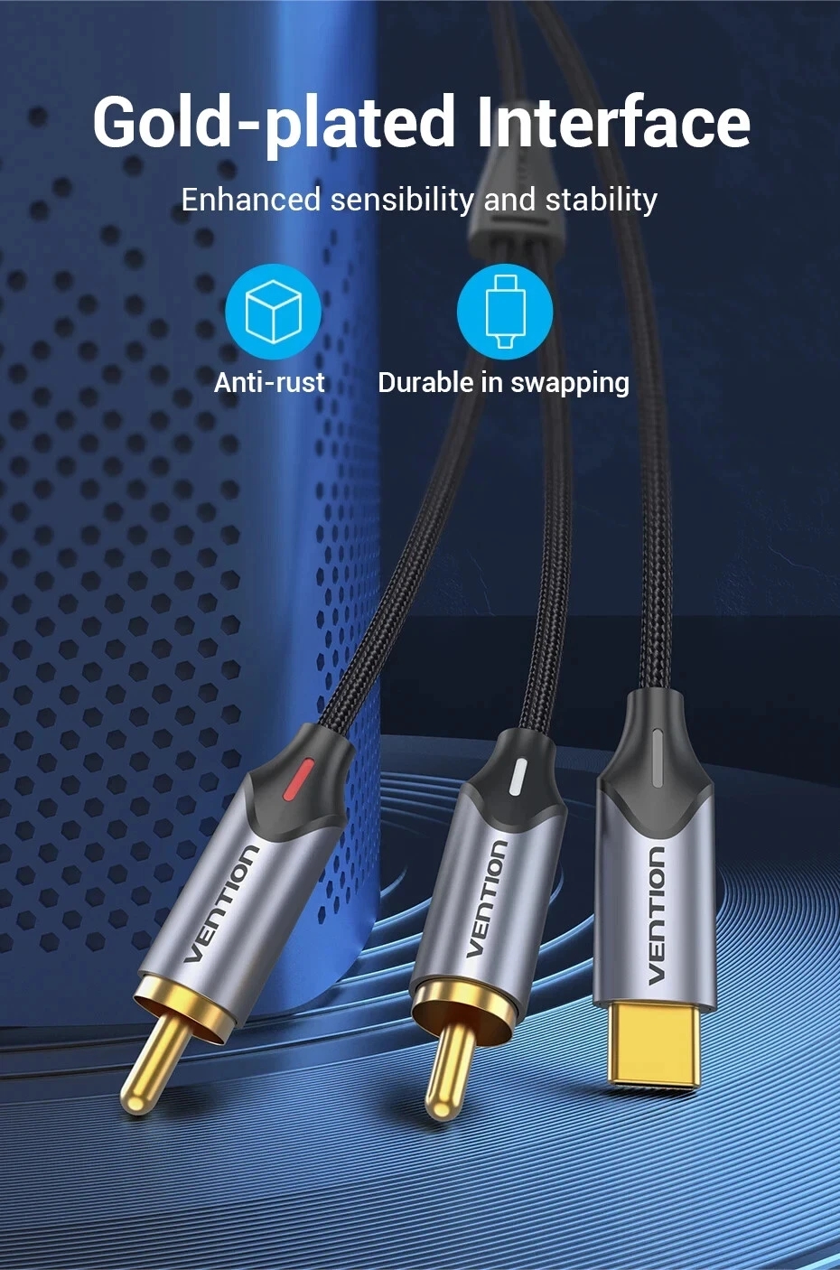 USB-C to 2 x RCA Male Audio Cable Stereo Speaker Amplifier Y Splitter 1.5m - Image 3