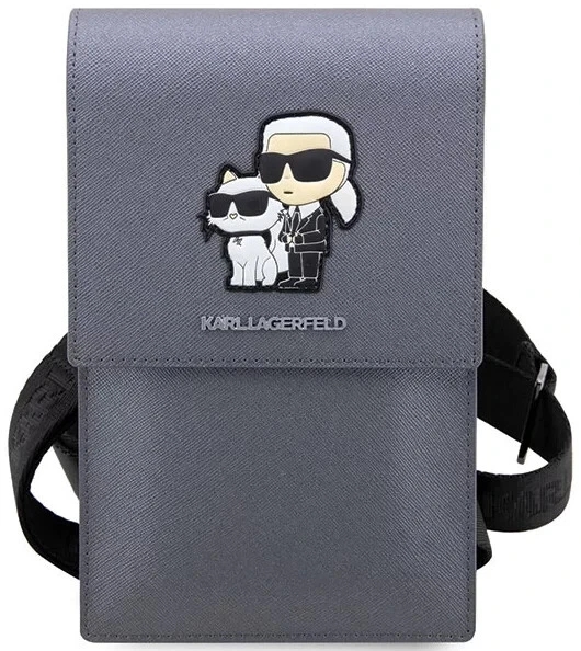 Genuine Karl Lagerfeld Saffiano Smartphone Shoulder Bag with Card Slots Silver